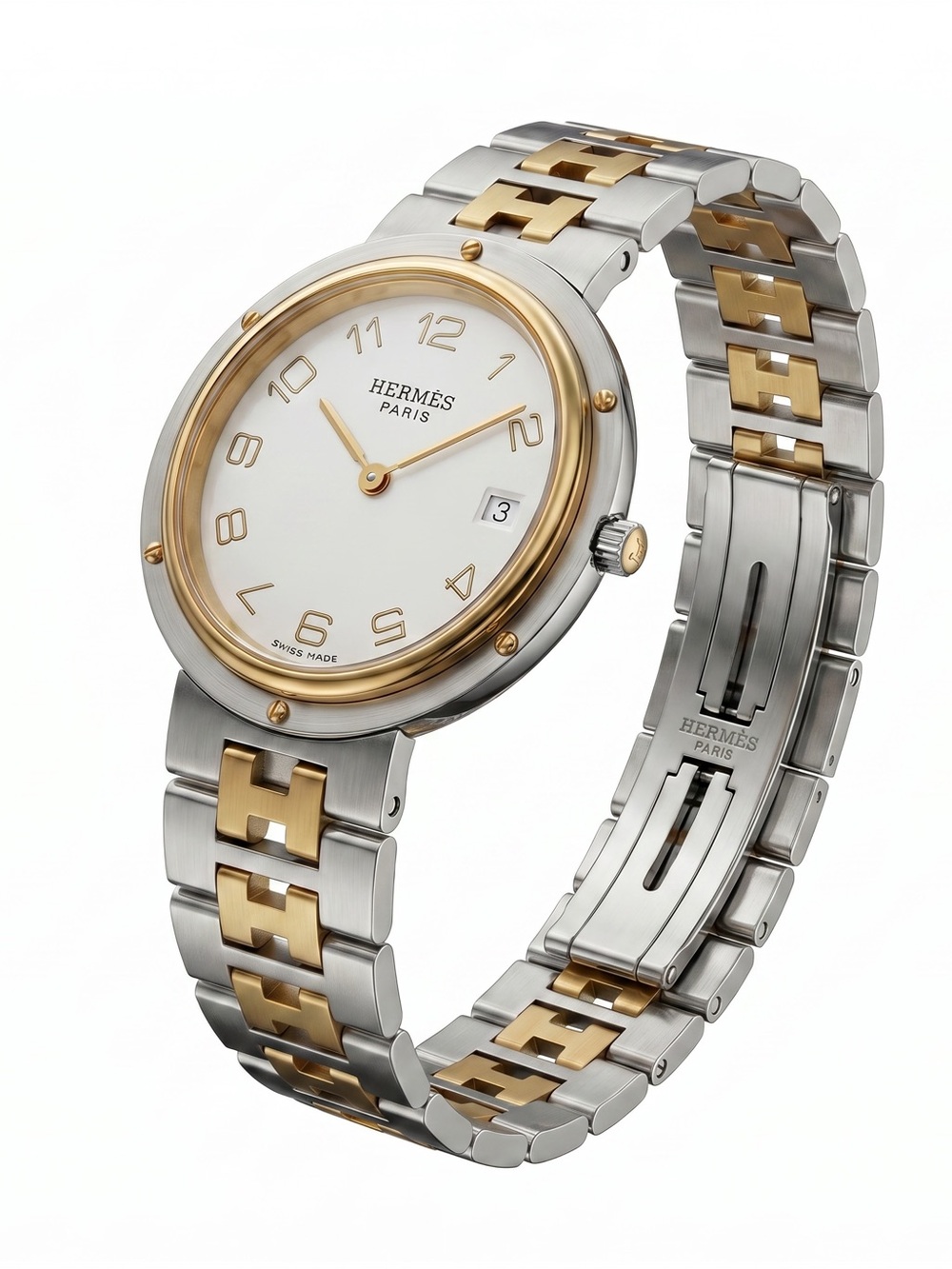 Hermès Clipper CL4.220 Two-Tone Watch White Dial H Bracelet Box Swiss Made